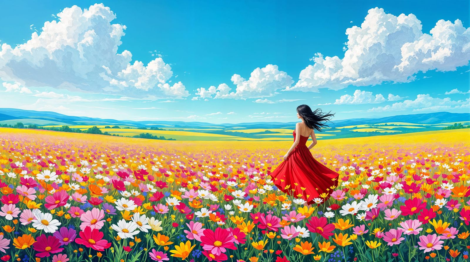 Impressionistic Woman in Crimson Dress Amidst Vibrant Wildfl...