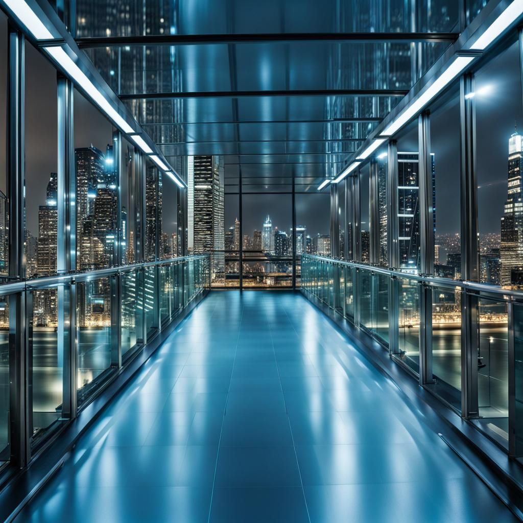 Night City View from Modern Glass Building
