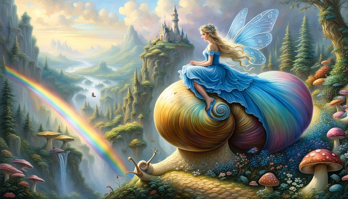 Fairy Girl Rides Rainbow Snail in Dreamlike Forest