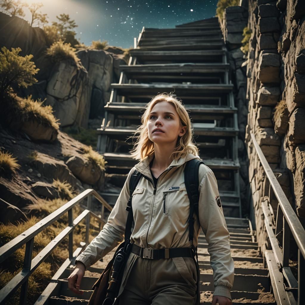 Blonde Woman Ascending Starry Stairway: Cinematic Film Still