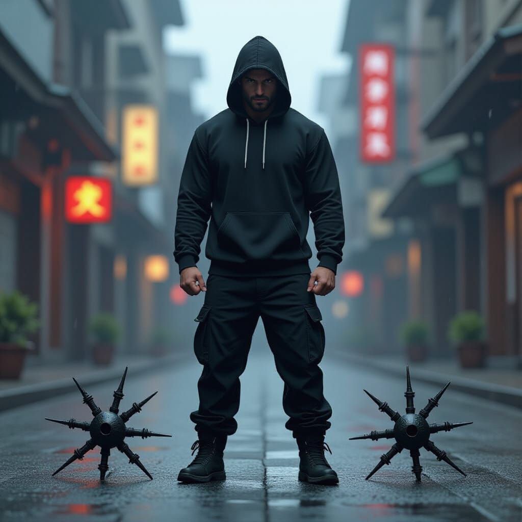 Brave Man in Black Hoodie with Caltrops in Realistic 3D