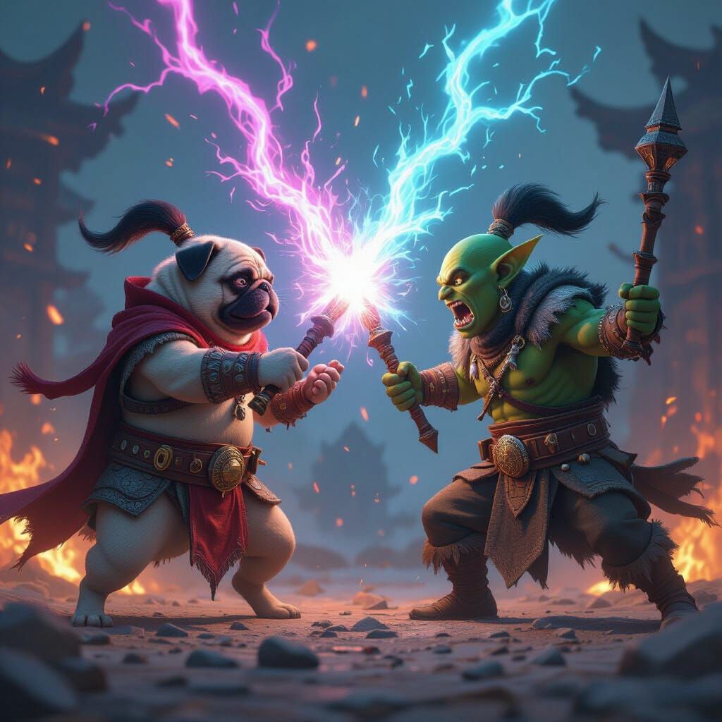 Pug and Goblin Shamans Duel in Epic 3D Battle