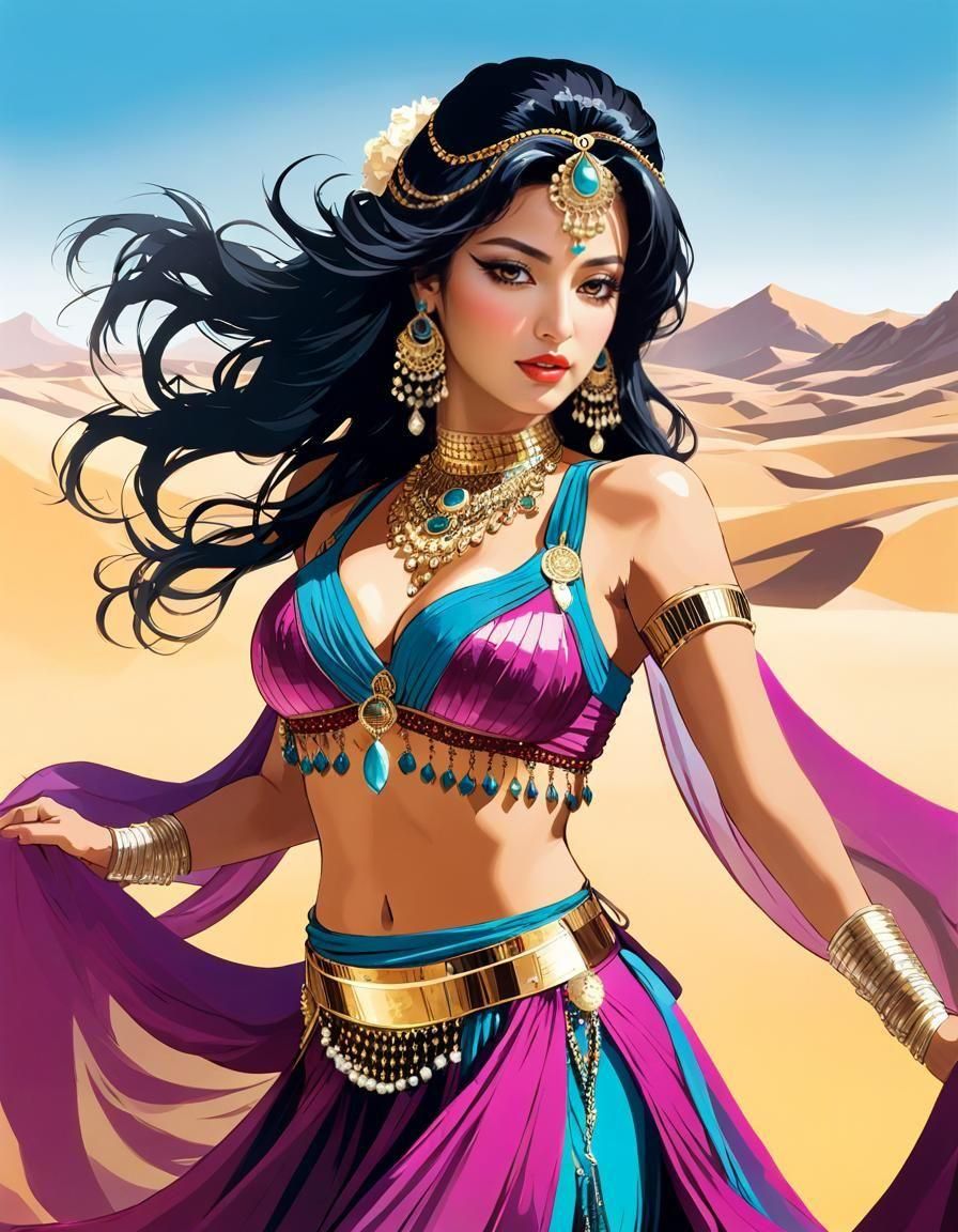 Arabic Belly Dancer in Desert, Anime Realism