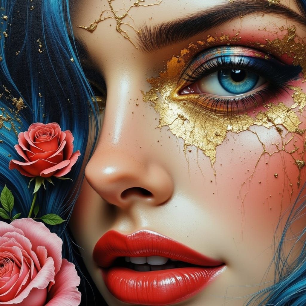 Woman's Close-Up Portrait with Blue Eye, Oil Painting