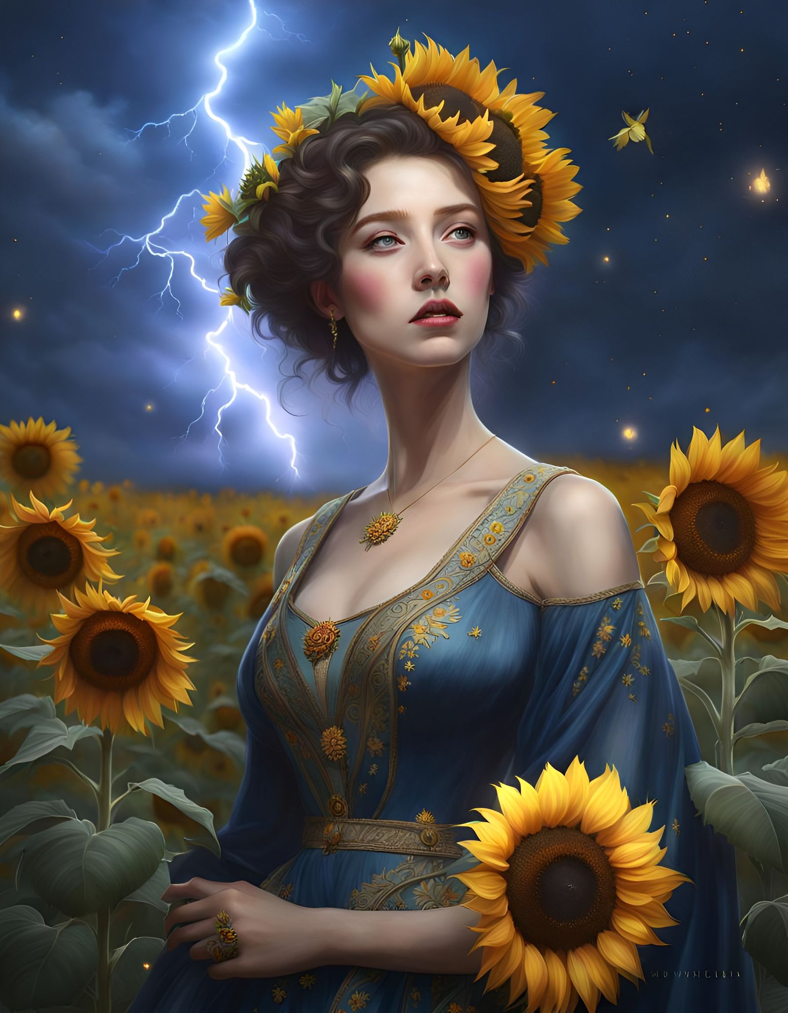 Sunflower Masterpiece in Lightning Storm, Hyperrealistic Art