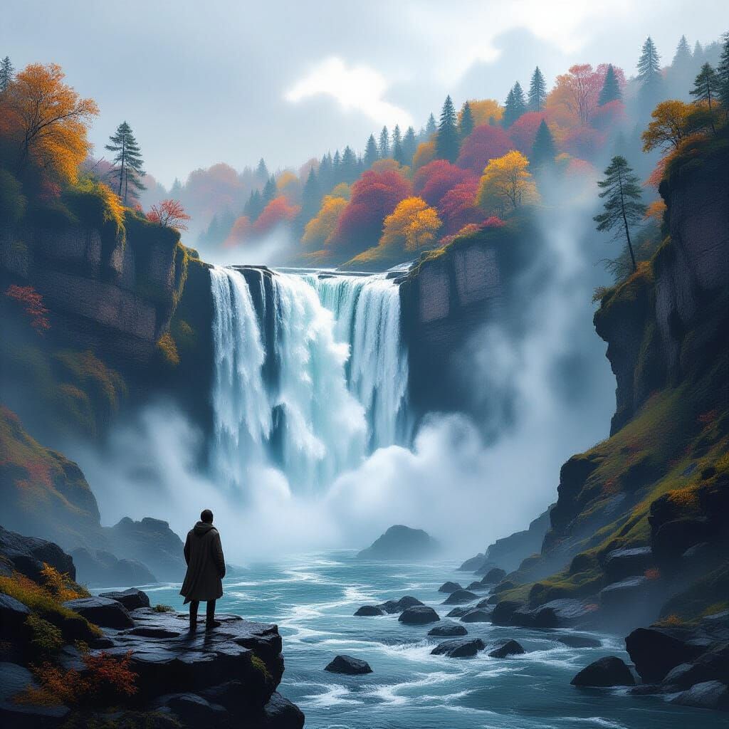 Autumn Waterfall Landscape with Lone Figure