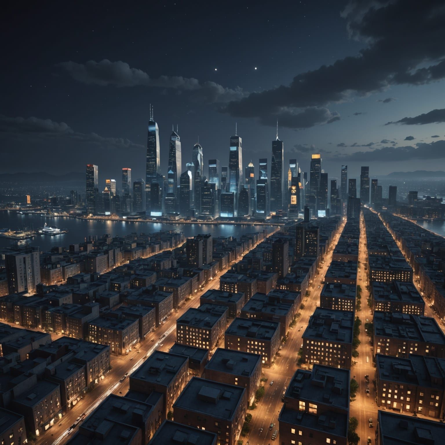 Glowing Cityscape in Neon Numbers and Symbols at Night