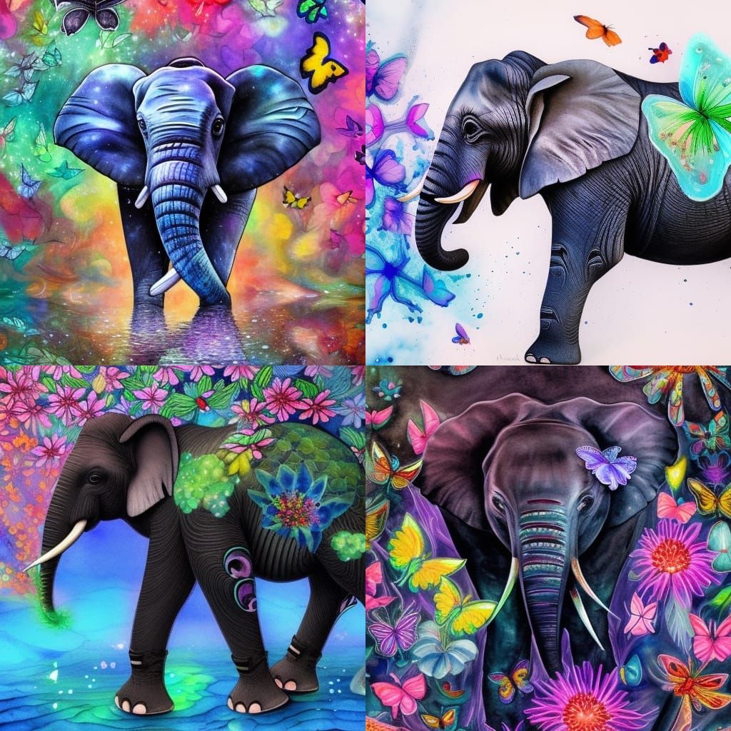 Elephant and Bioluminescent Blossom in Watercolor Painting