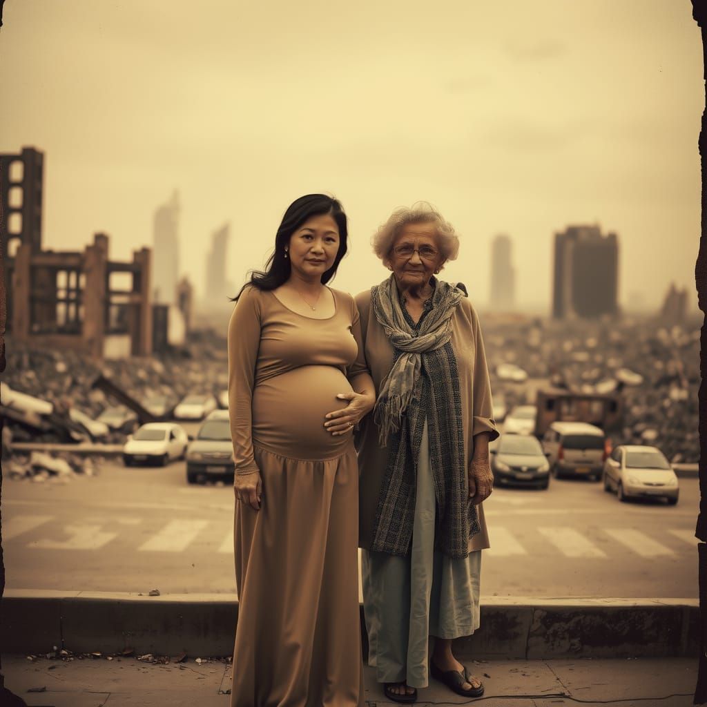 Sepia Street Photograph: Mother and Grandmother in Ruins