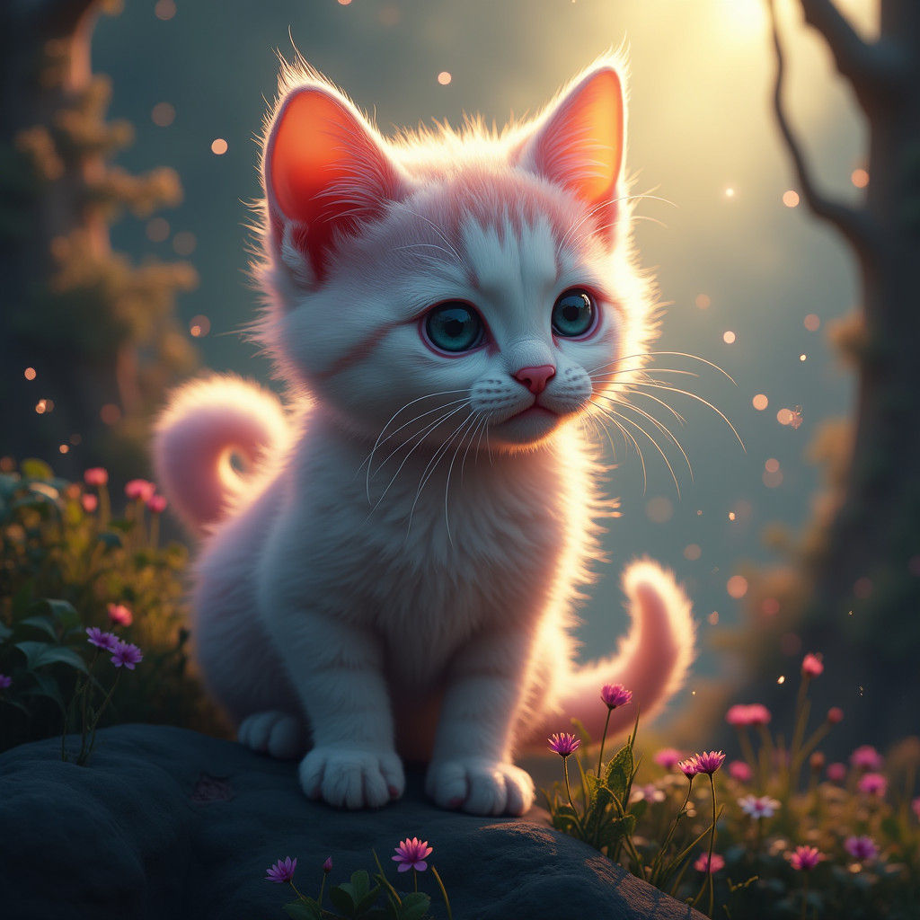 Iridescent Kitten in Dreamlike Fantasy Realm