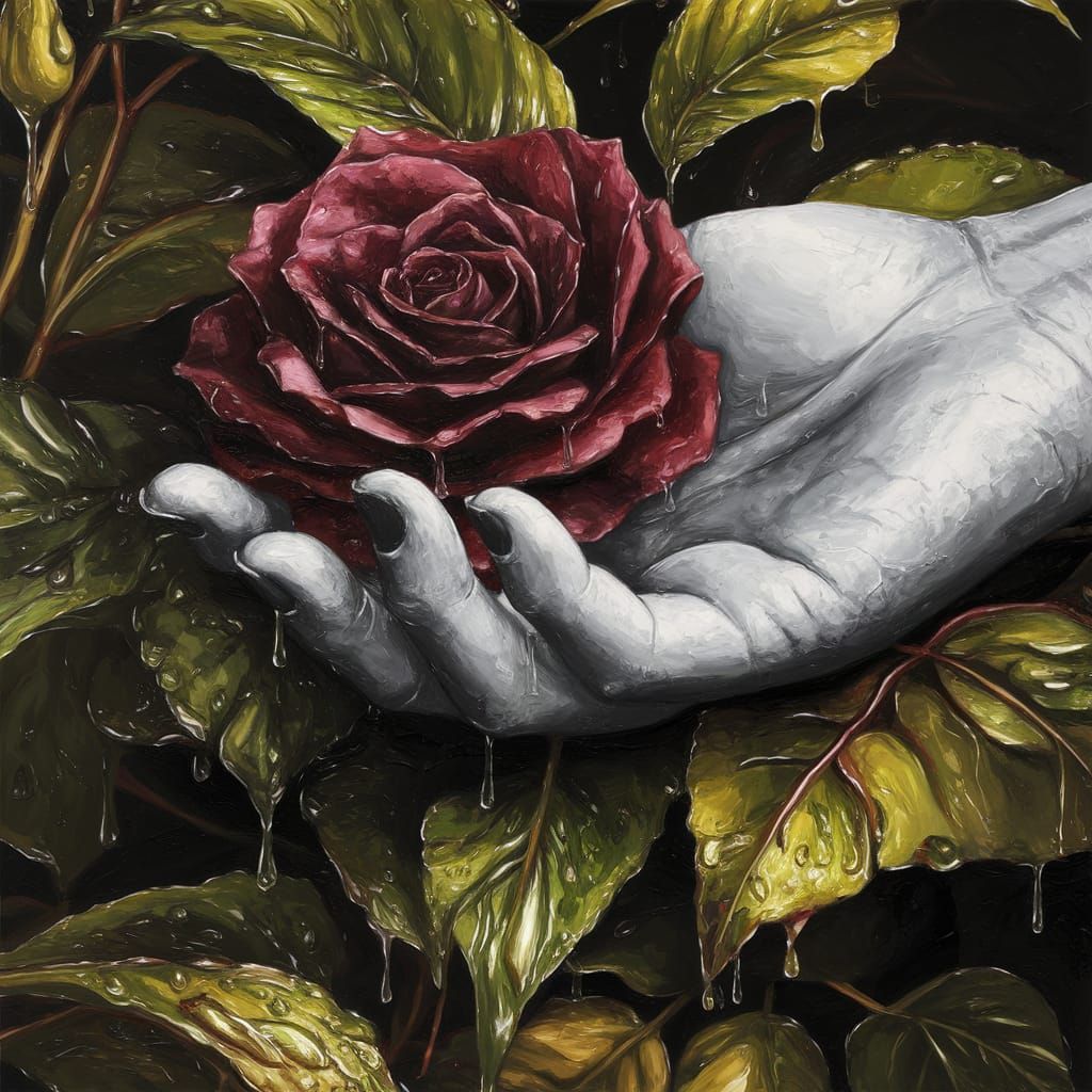 A Monochrome Hand Holds a Dark Red Rose in a Dramatic Outdoo...