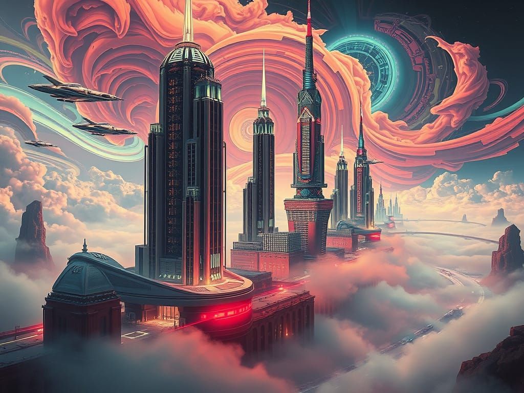 Retro-Futuristic Metropolis in Dystopian Dreamscape