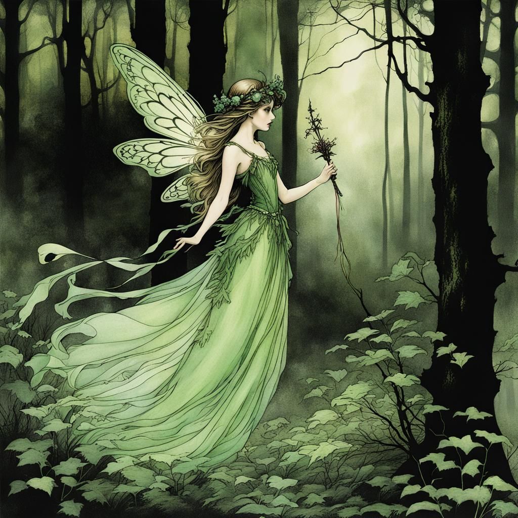 Fantasy Fairy in Haunted Forest, Arthur Rackham Style
