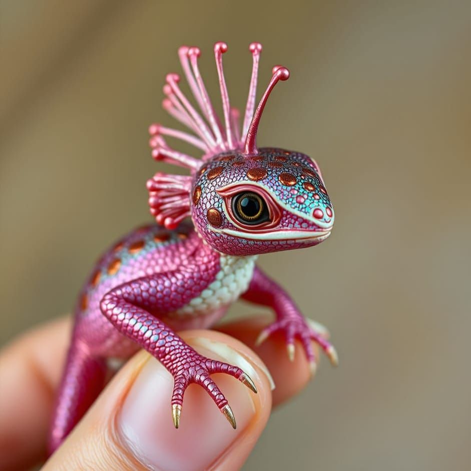 Iridescent Pink Dragon in Hand, Collage Art Style