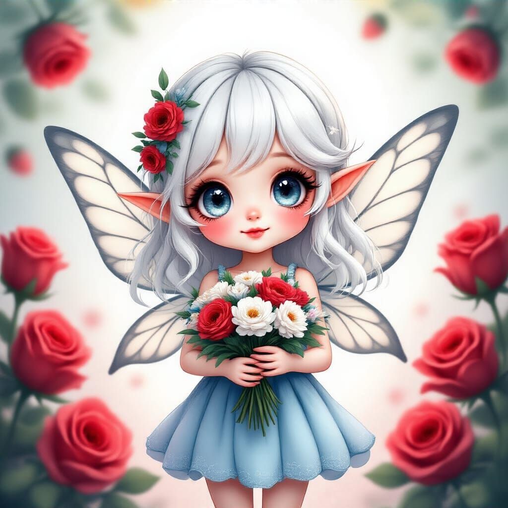 Cute Chibi Fairy with Flowers in Pastel Colors