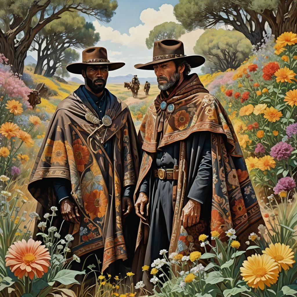 Eastwood and Elba with Golf Clubs in Art Nouveau Style