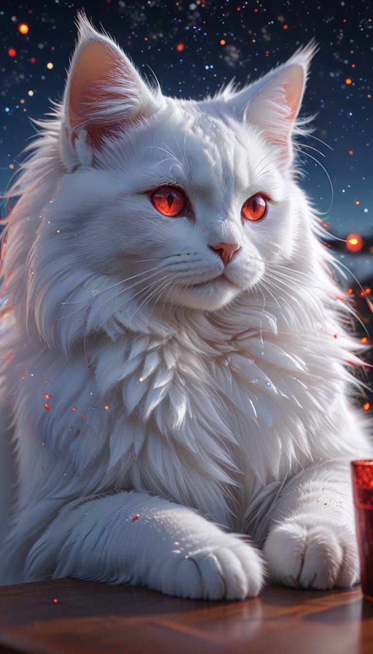 Vibrant Anime Woman and Feline Friend Under Pastel Skies