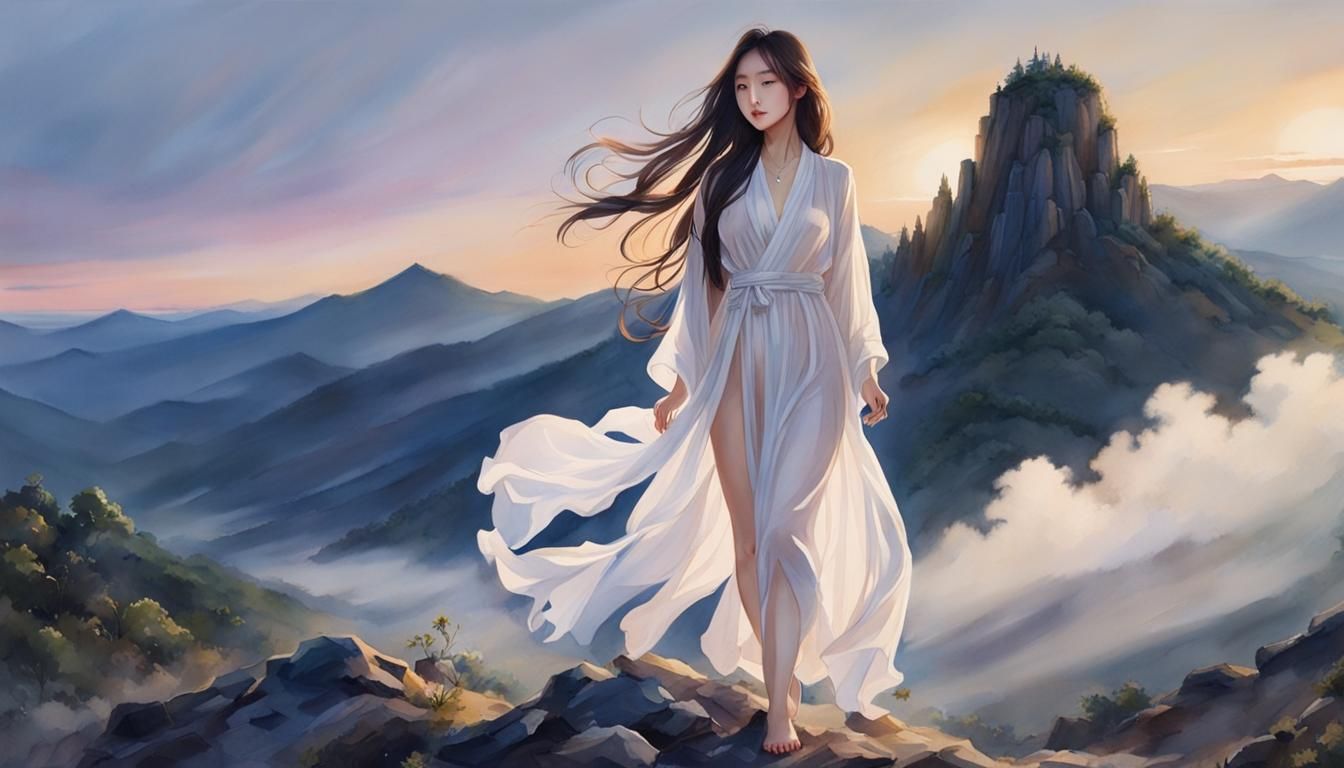 Korean Woman in Watercolor at Twilight