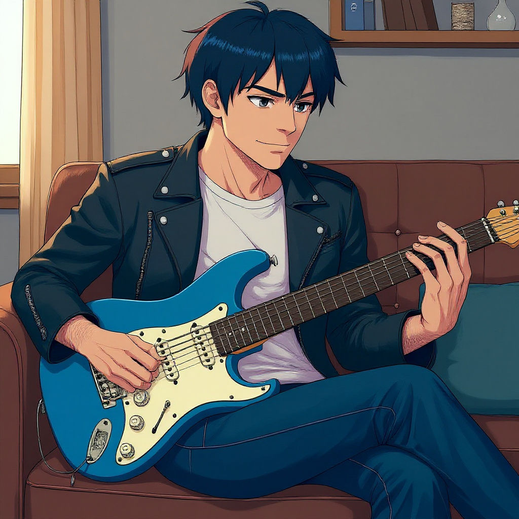 Anime-Style Guitarist in Bedroom Scene