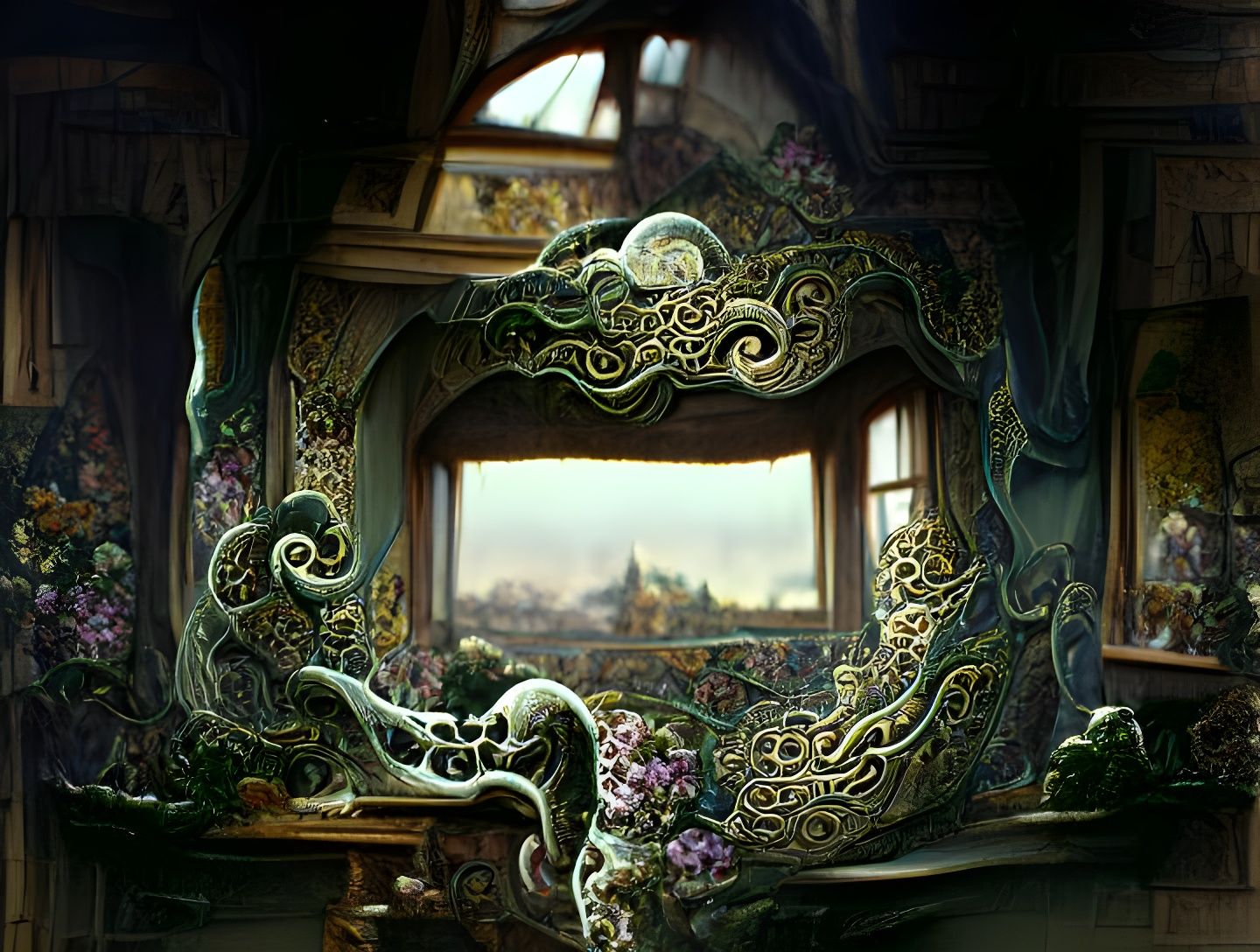 Gilded Chinese Porcelain Architecture in Art Nouveau Style