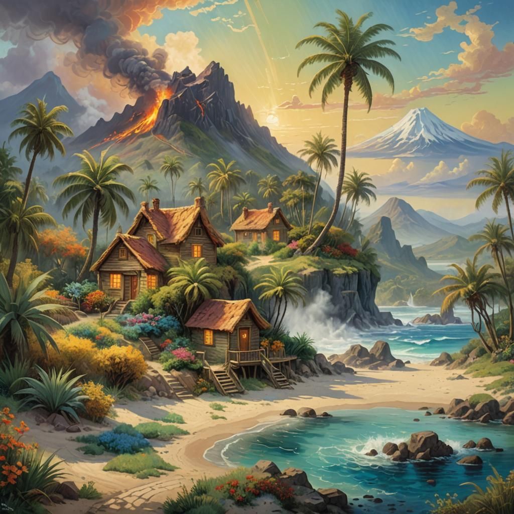 Desert Island Cottage in Van Gogh Style