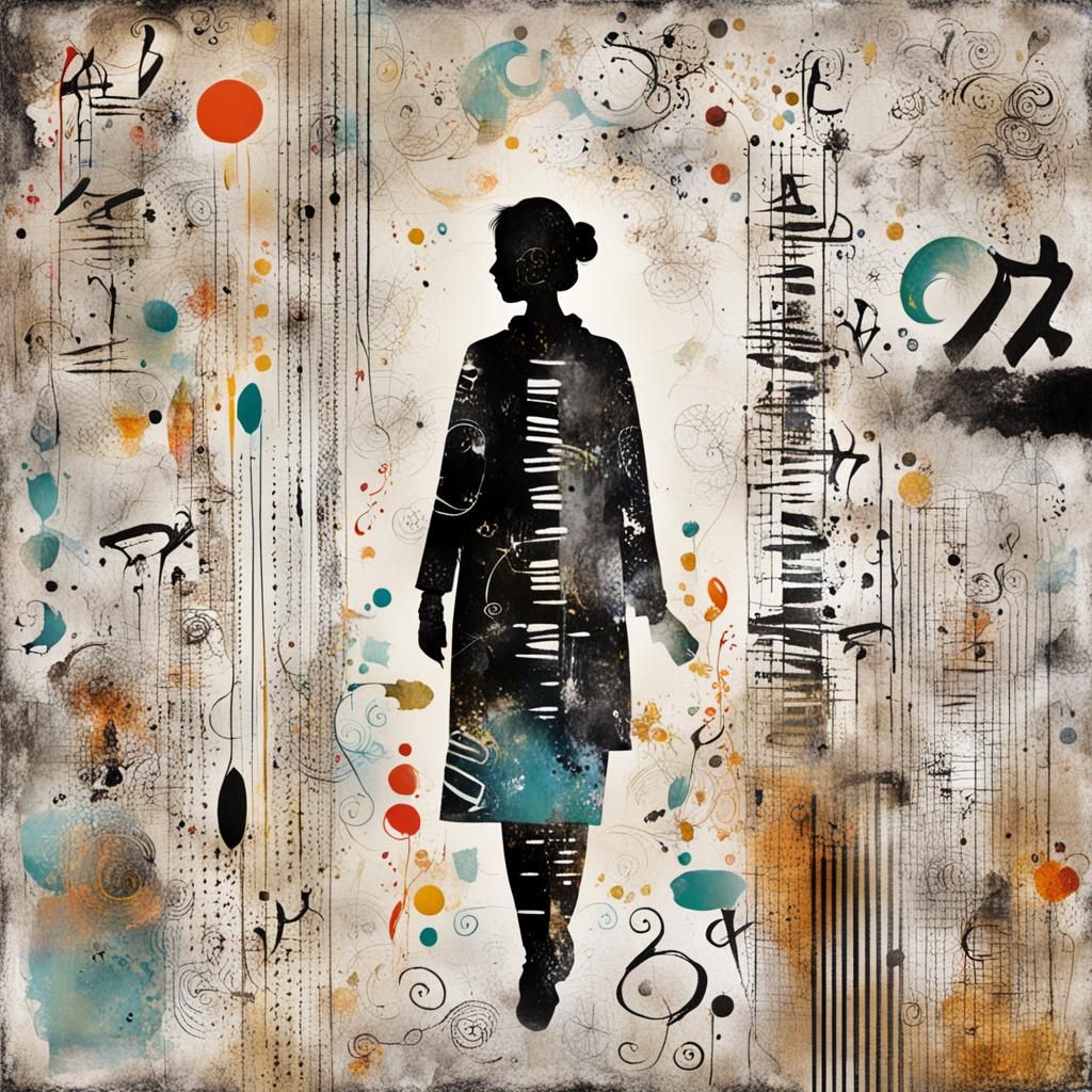 Whimsical Symbolic Woman with Asemic Typography