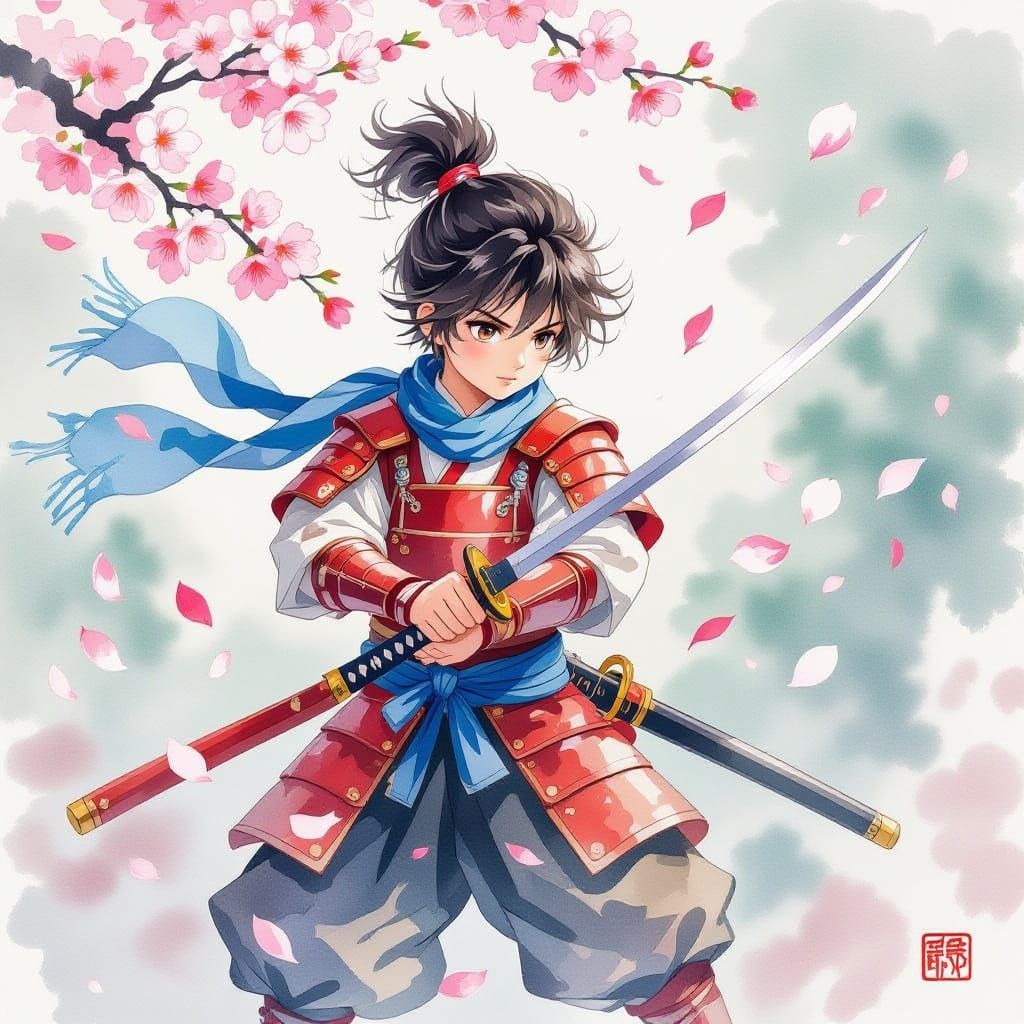 Samurai Warrior Boy in Battle Pose with Cherry Blossoms