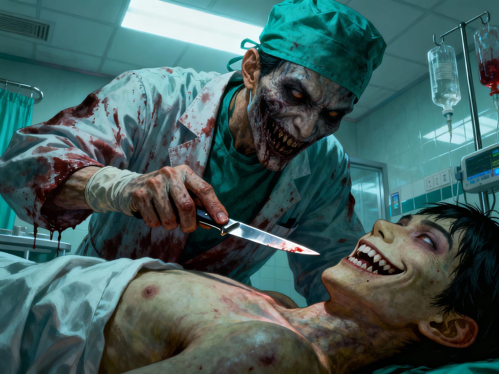 Demented Surgeon's Evil Grin in Horror Hospital Scene