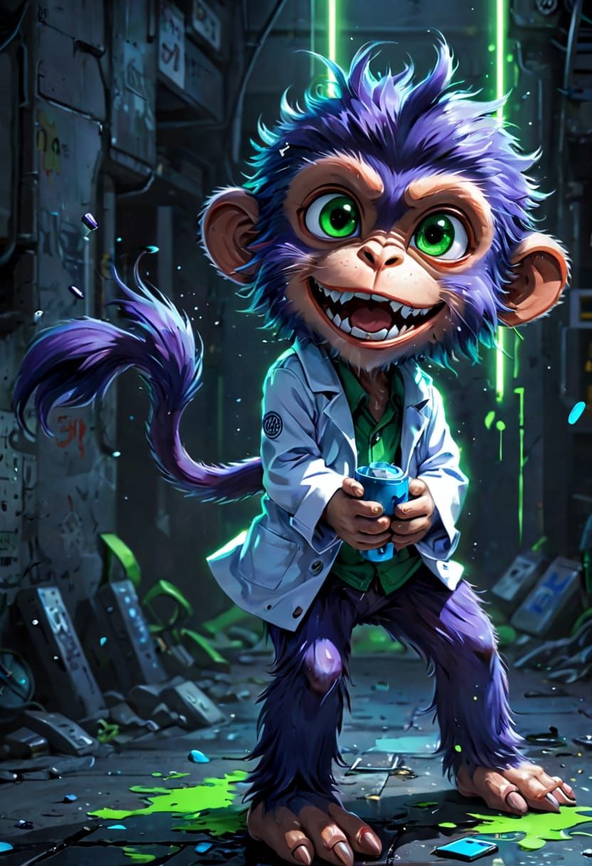 Surreal Blue Monkey in a Dark Laboratory, Anime Style