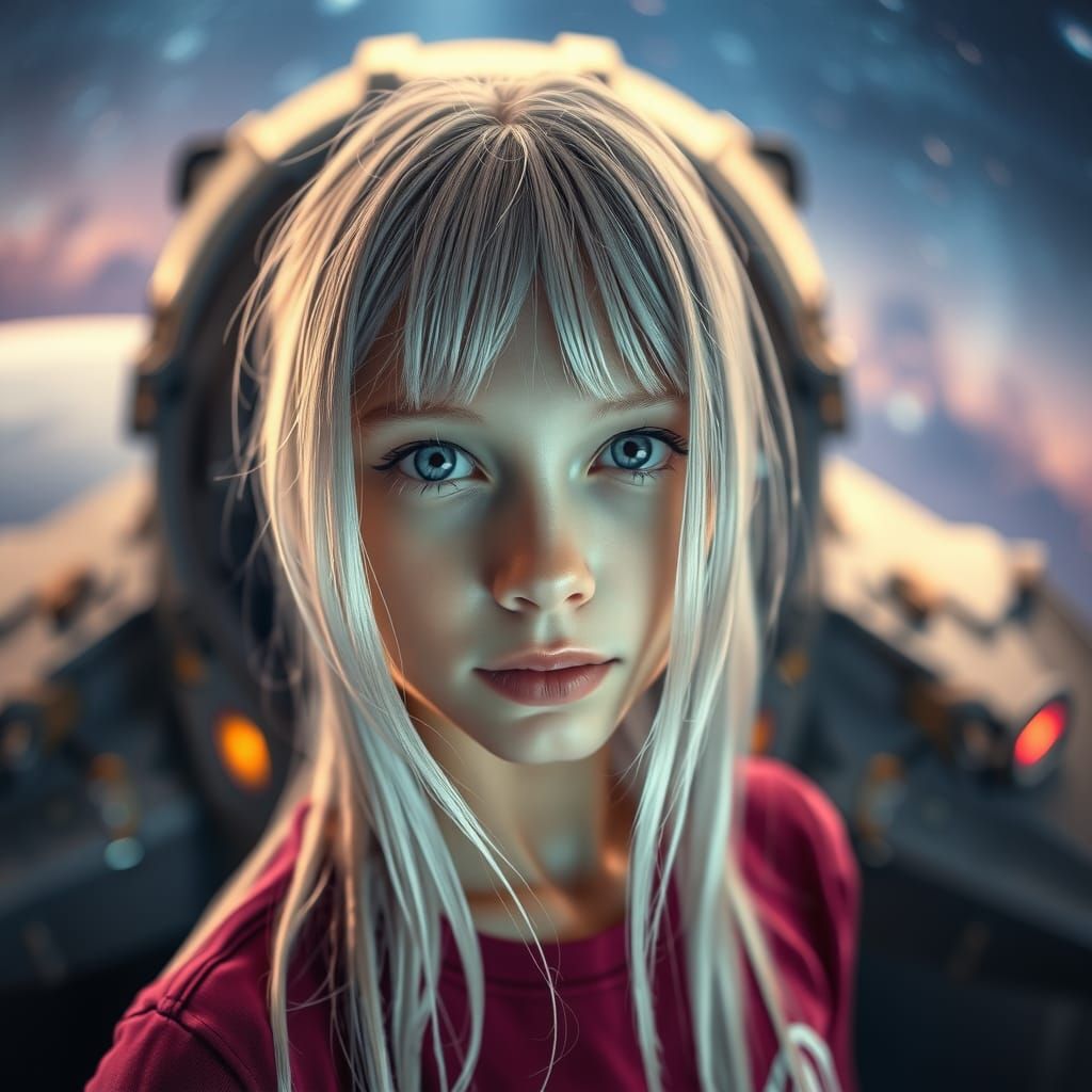 Silver-Haired Girl Portrait with Spaceship Backdrop