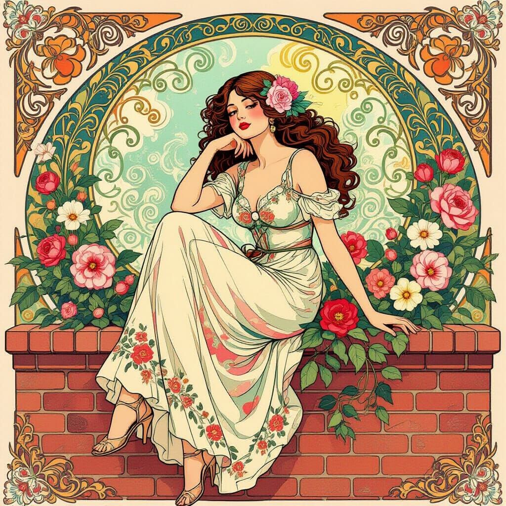 Woman in Shoegaze Art Nouveau Style with Floral Swirls