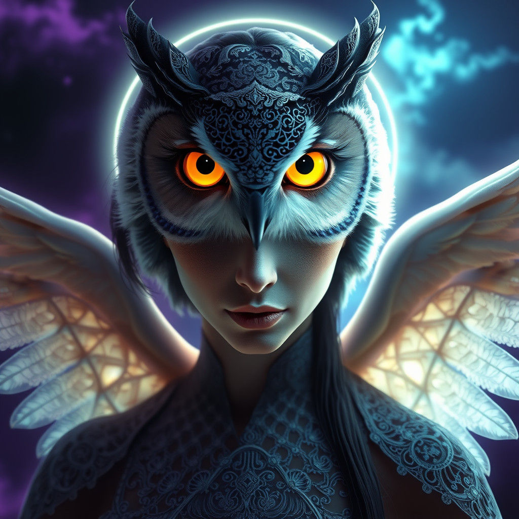Mystical Owl Woman in Ethereal Night Sky