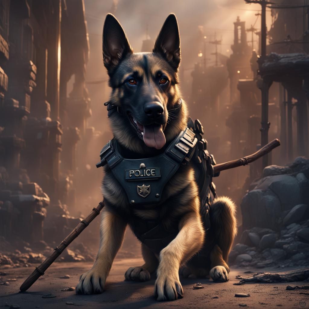 Police Dog with Stick: Fantasy Concept Art