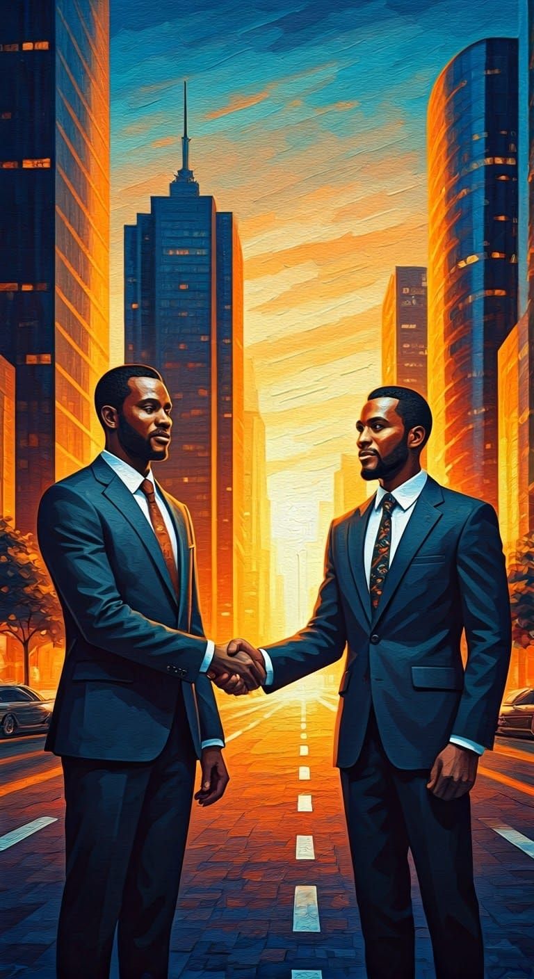 African Business Partners in Cityscape, Neo-Impressionist St...