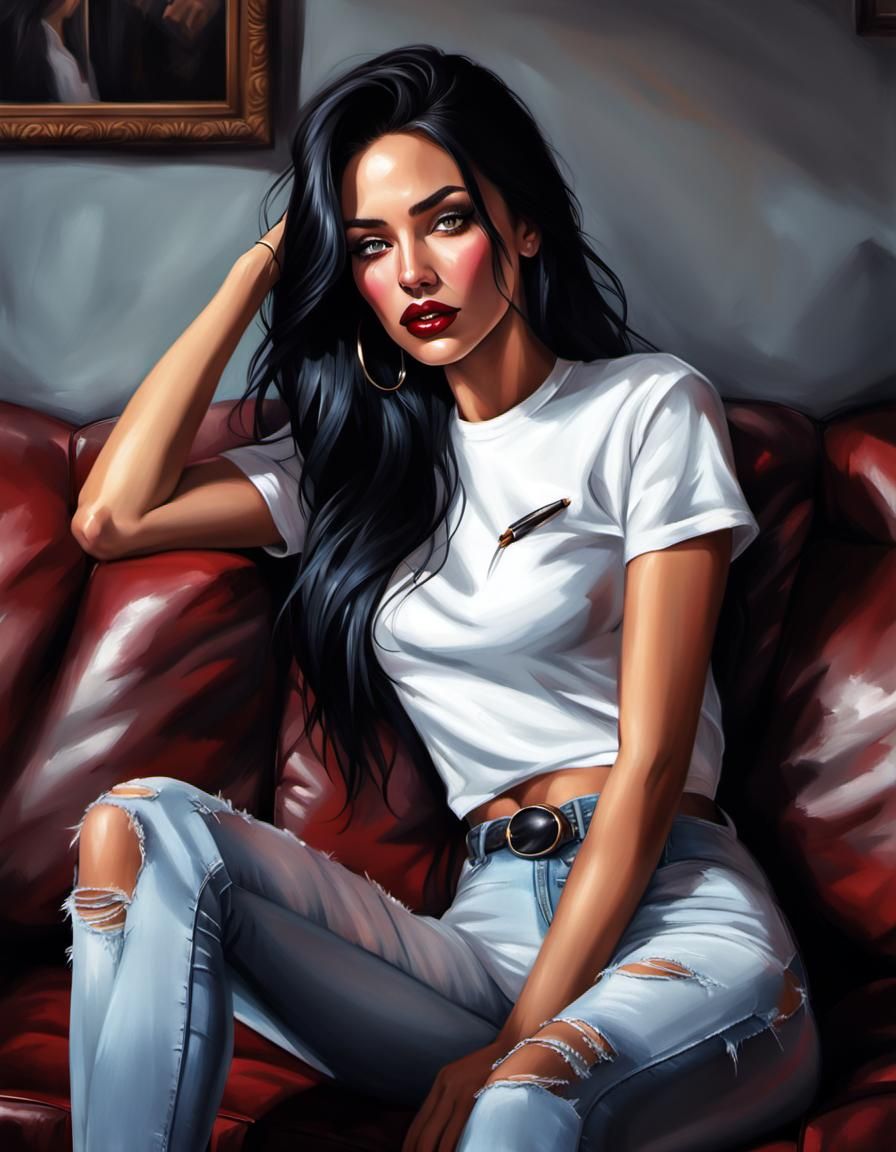 Girl in Jeans on Sofa, Acrylic Paint Style