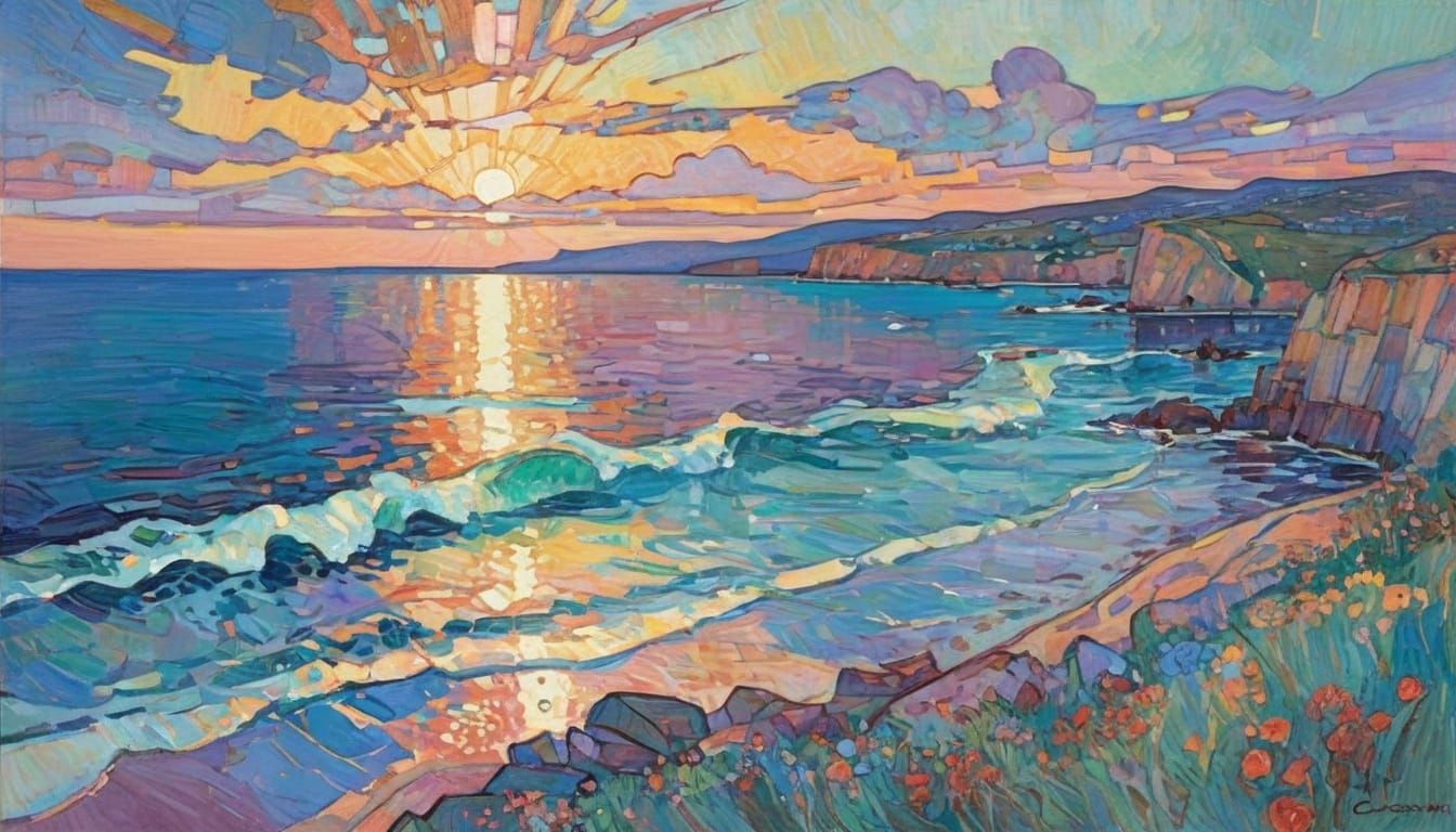 Summer Twilight Seascape in Impressionistic Style