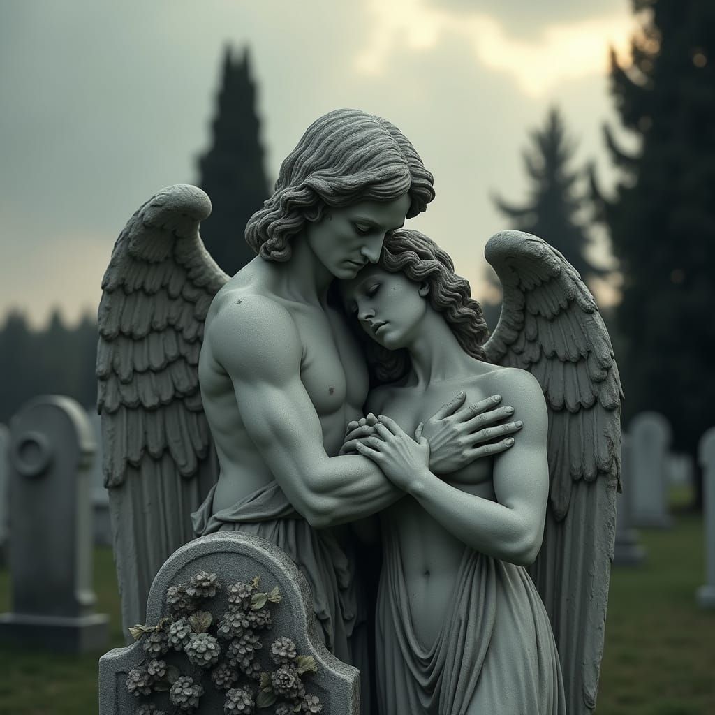 Serene Marble Angel Statues in Cemetery Scene