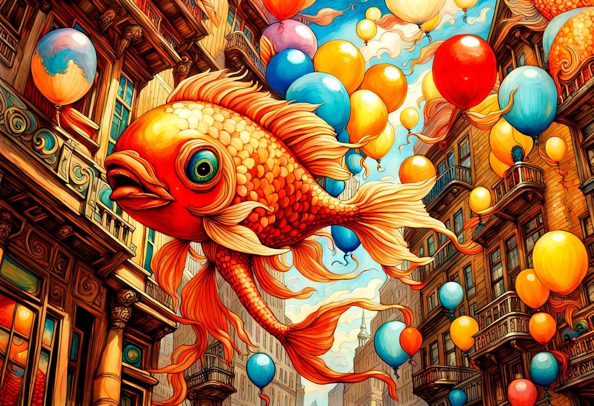 Fish Balloon Flies Over City: Art Nouveau Rococo