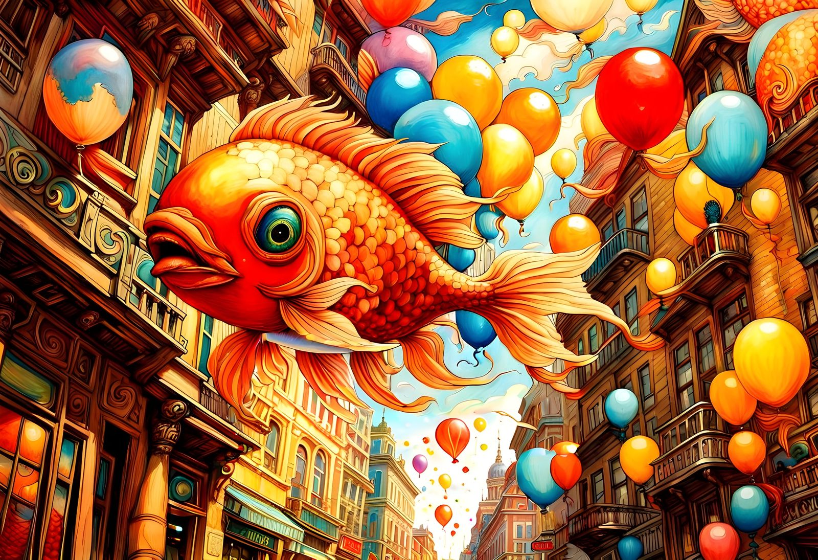 Gold and Red Fish Balloon Soars Above Cityscape