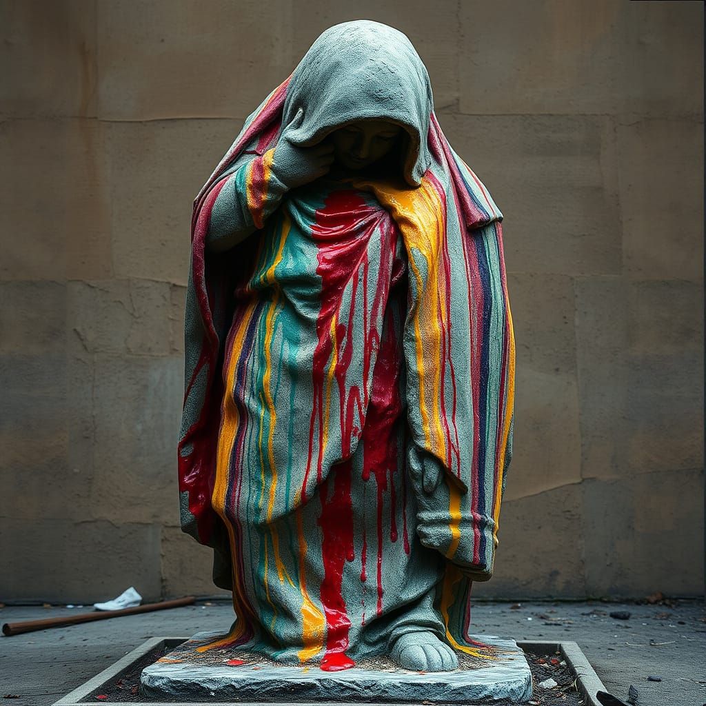 Vibrant Stone Statue Enveloped in Dripping Paint