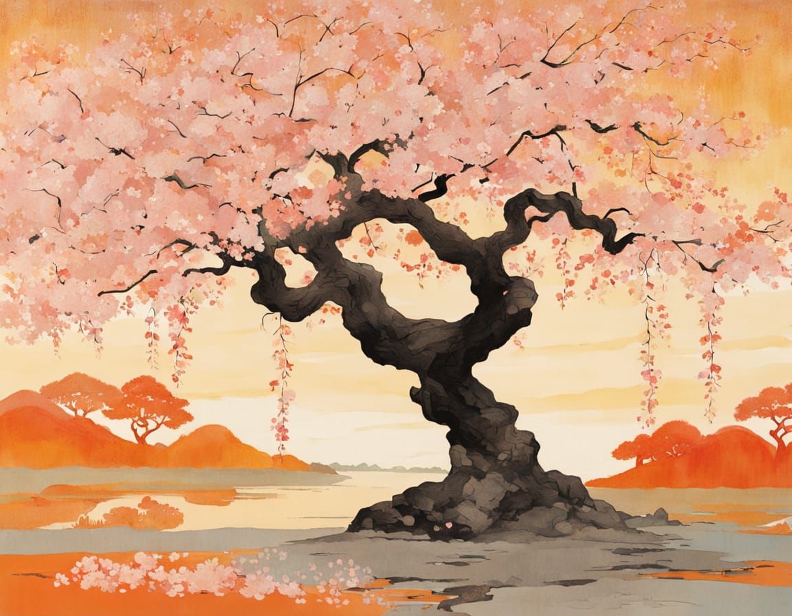 Whimsical Blossom Tree in Vibrant Japanese Garden