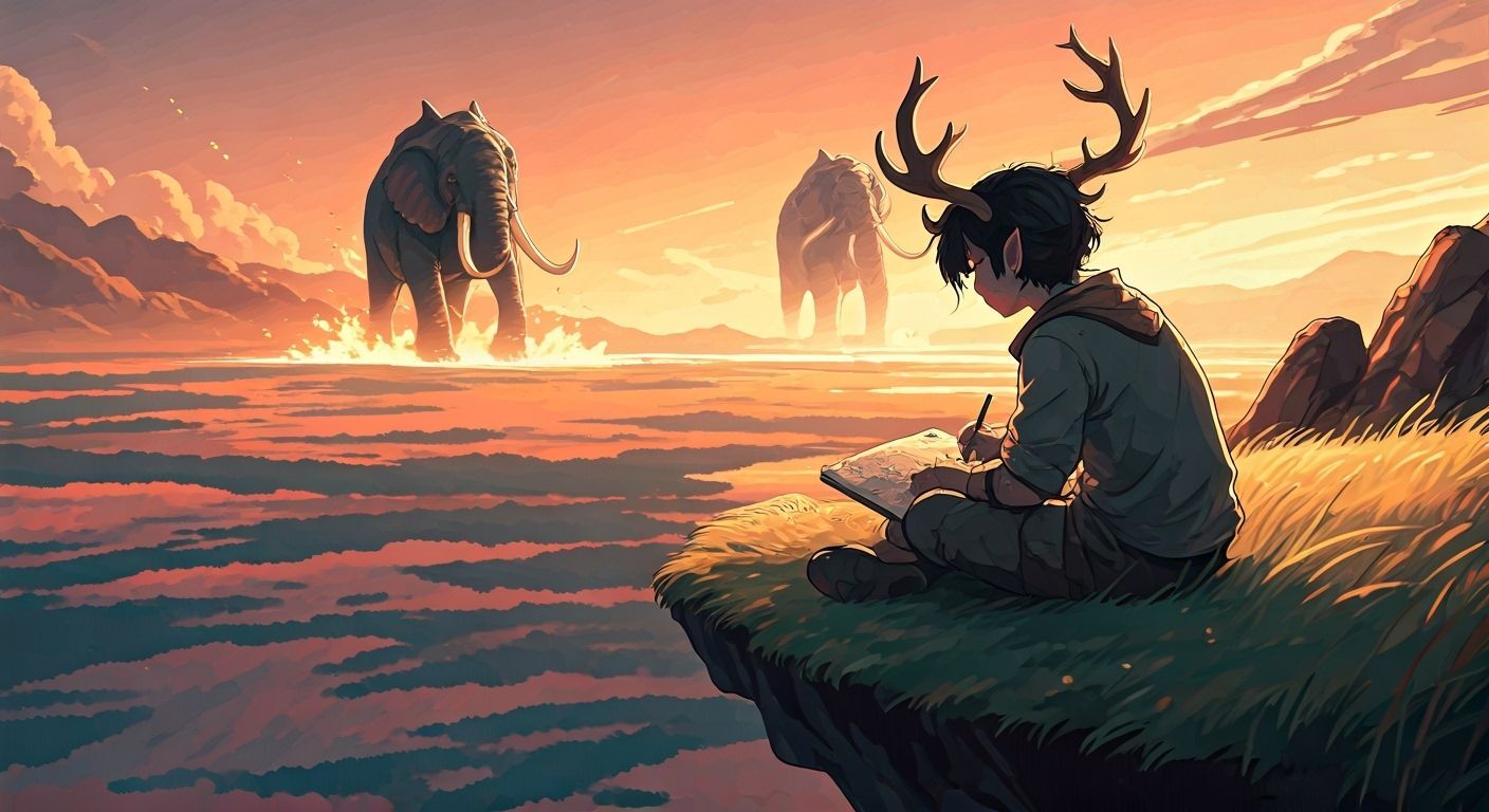 Tiefling Scribes Notes as Alien Elephants Clash