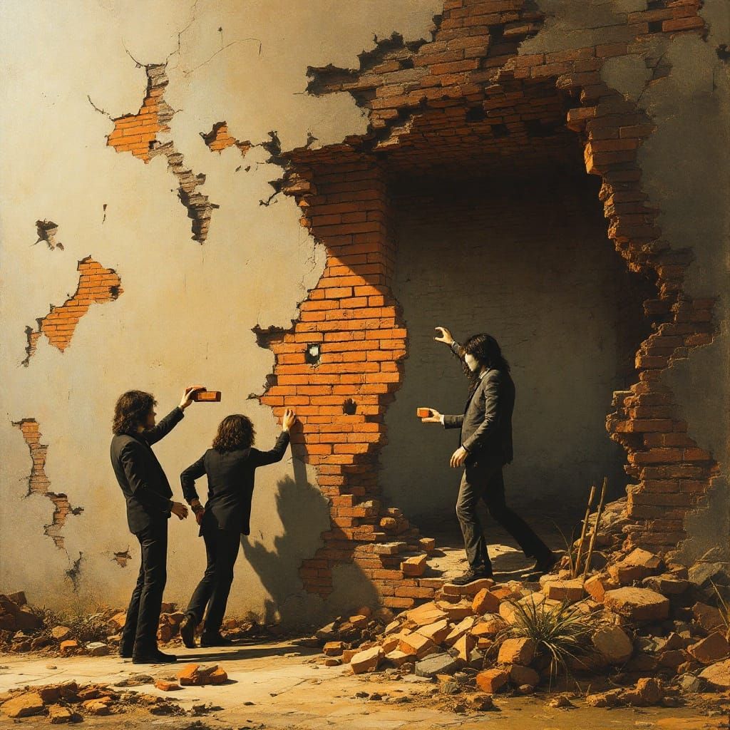 Surrealist Double Exposure of Pink Floyd Repairing a Crumbli...