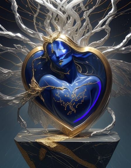 Surreal Lapis Lazuli Heart Statue with Ethereal Face Echoes