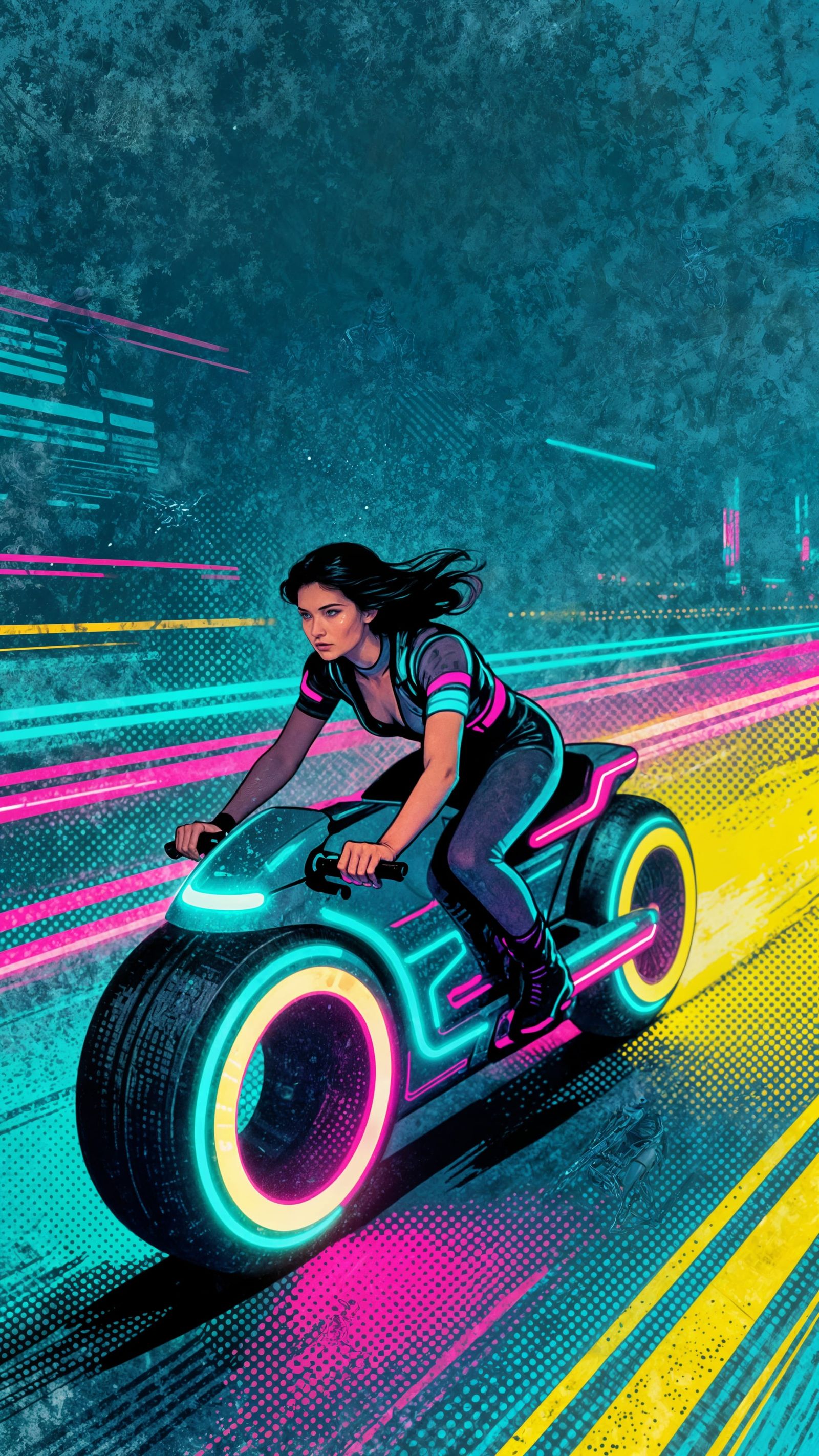 Cyberpunk Woman on Tron Lightcycle, Ben Day Dot Retro Style