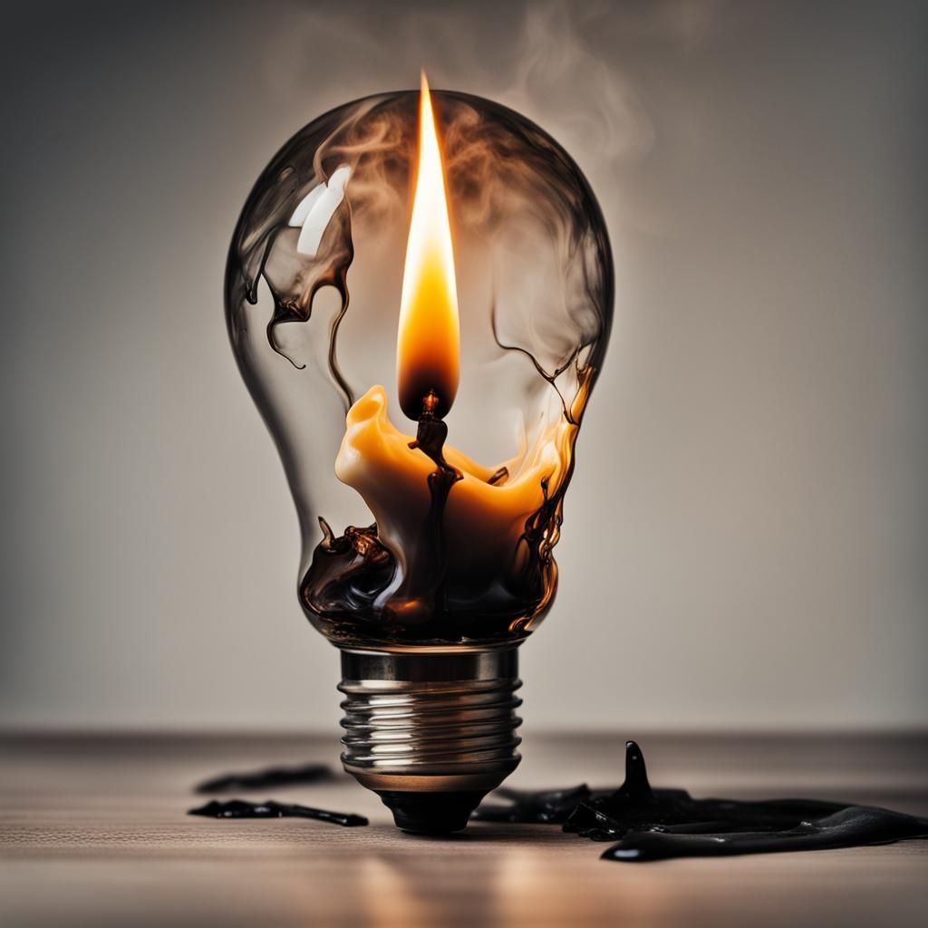 Surreal Broken Lightbulb with Candle and Smoke