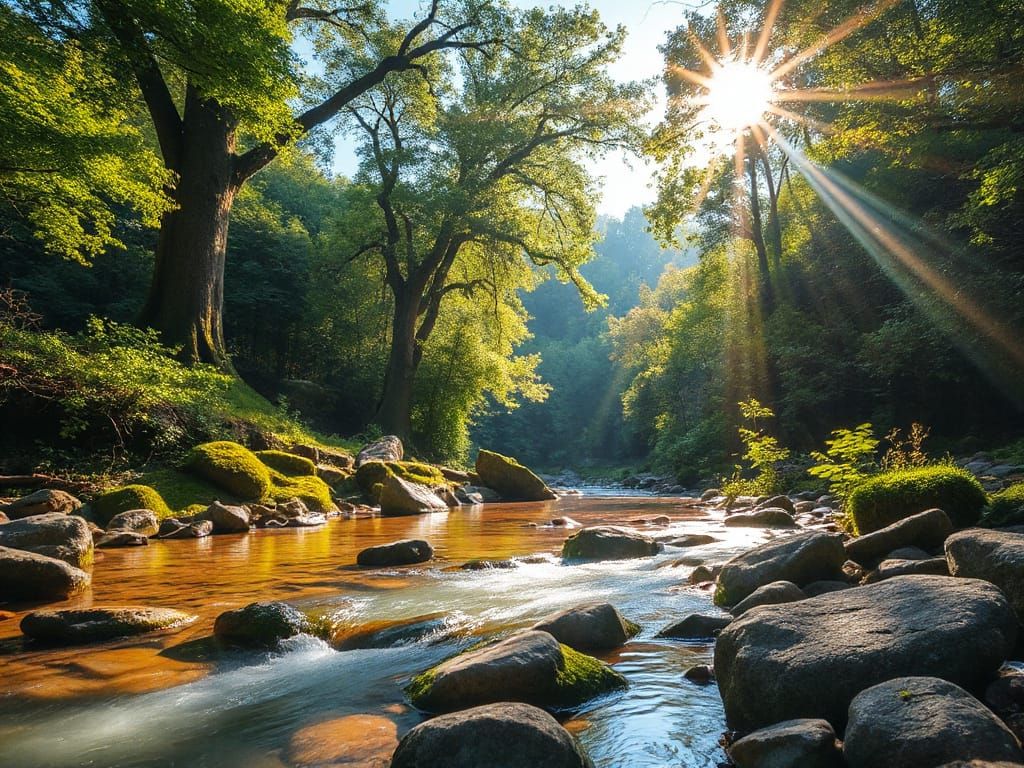 Serene Forest Clearing with Sun-Dappled Stream