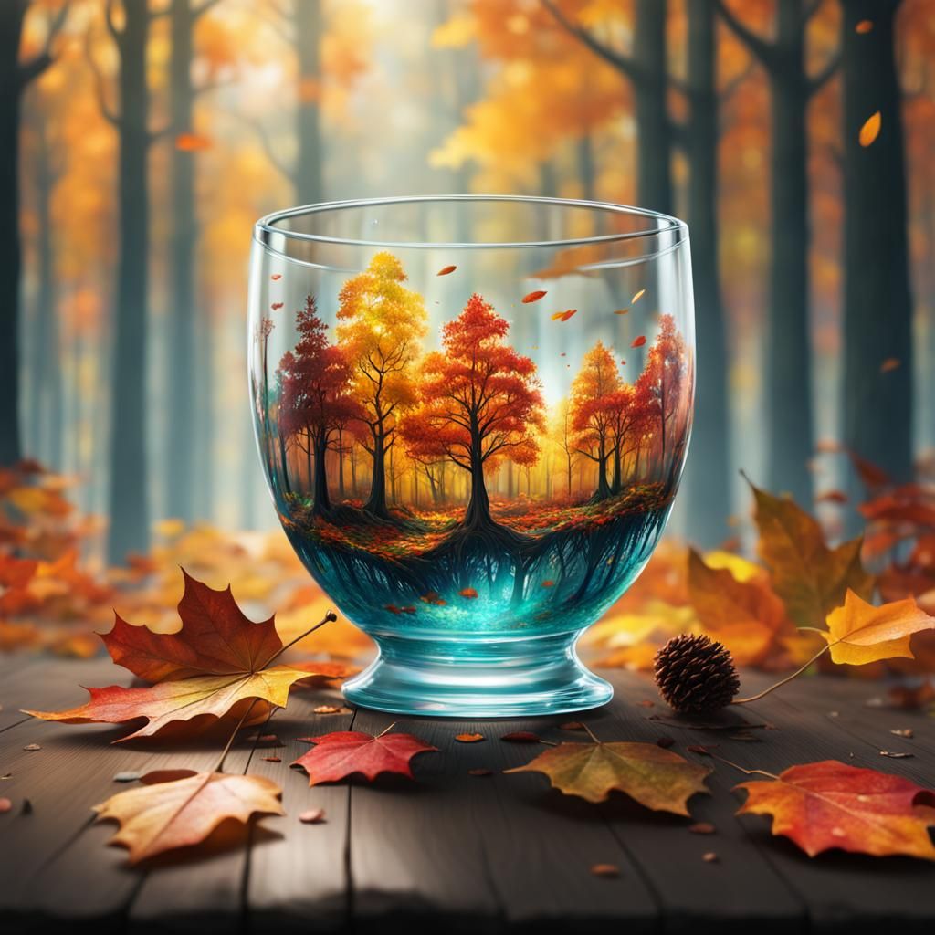 Autumn Forest in Glass Cup: Hyperrealistic Splash Art