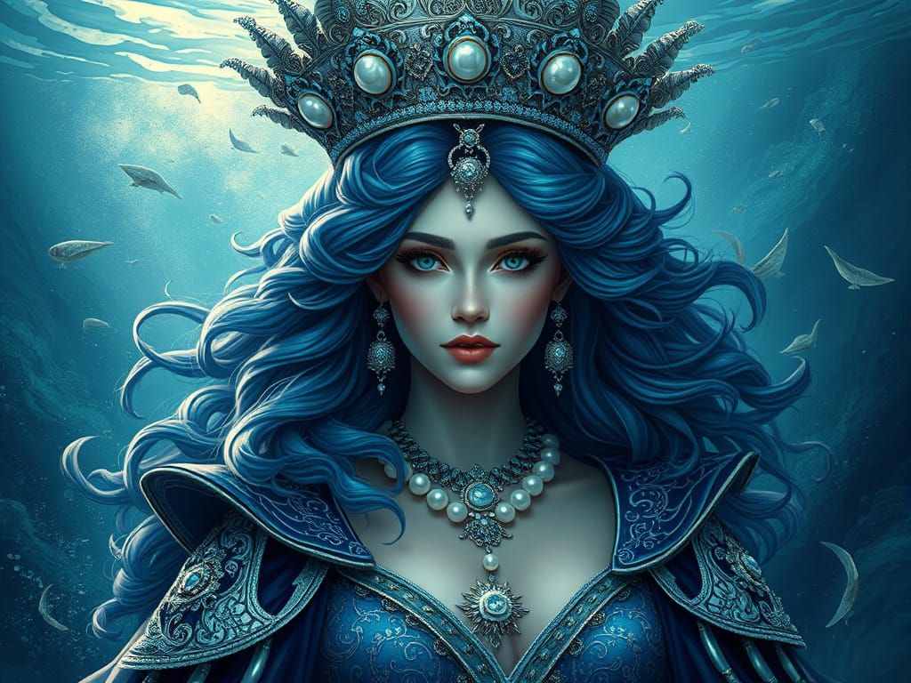 A regal and fantastical portrait of an Empress of the Sea, magnificently dressed in an elaborate, flowing gown of deep b...