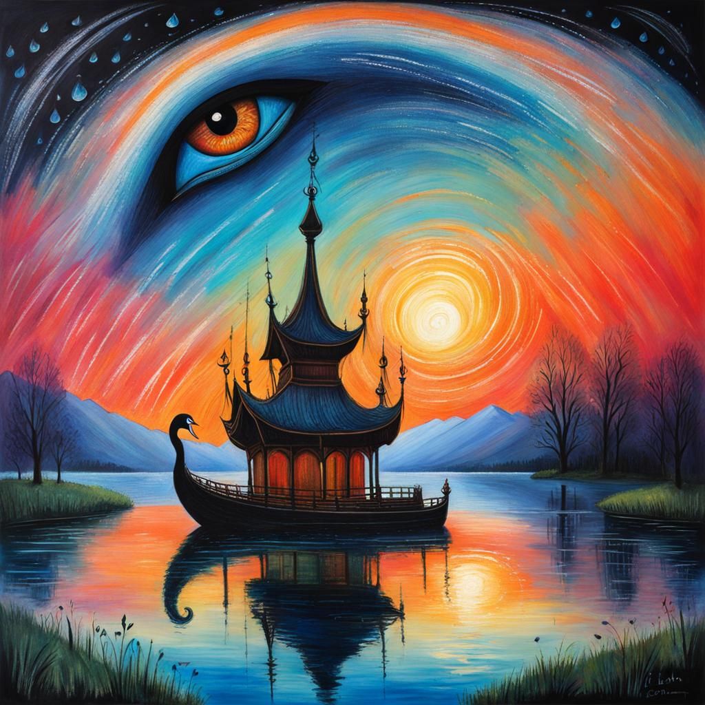 Weeping Eye Chalk Drawing over Swan Lake